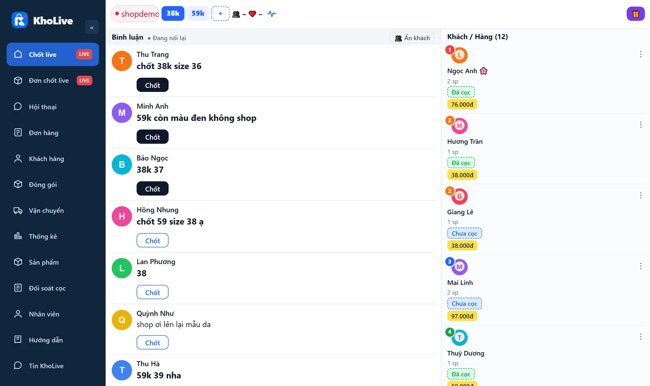 Màn hình Chốt live: bình luận và danh sách khách (dữ liệu mẫu)