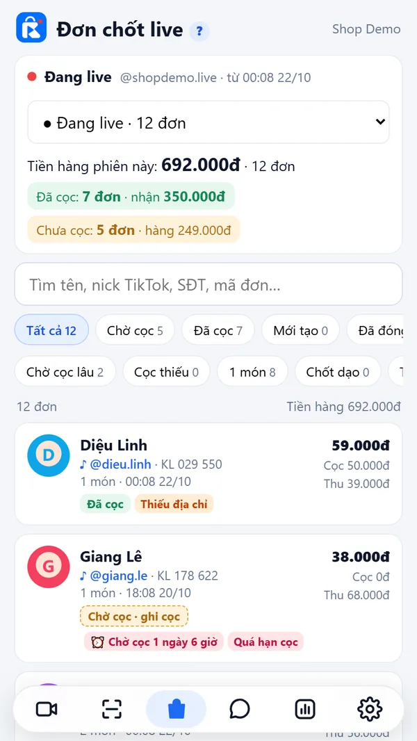 Màn hình Đơn chốt live trên điện thoại (dữ liệu mẫu)