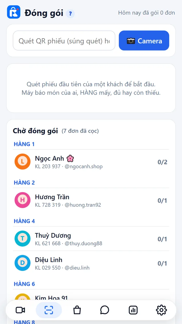 Màn hình đóng gói bằng mã QR (dữ liệu mẫu)