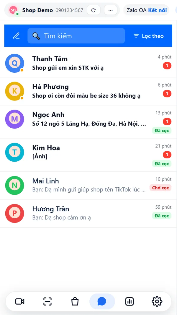 Danh sách hội thoại trên điện thoại (dữ liệu mẫu)