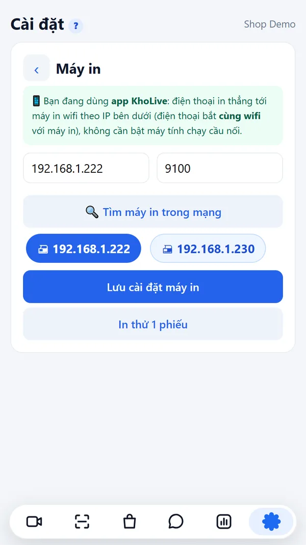 Cài đặt máy in Wi-Fi trong app (dữ liệu mẫu)